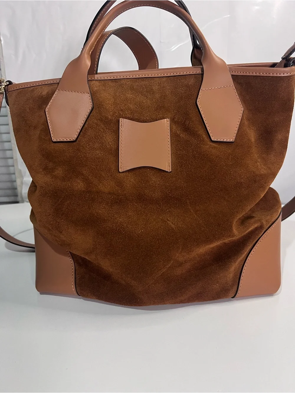 Structured Suede Tote in Warm Cognac